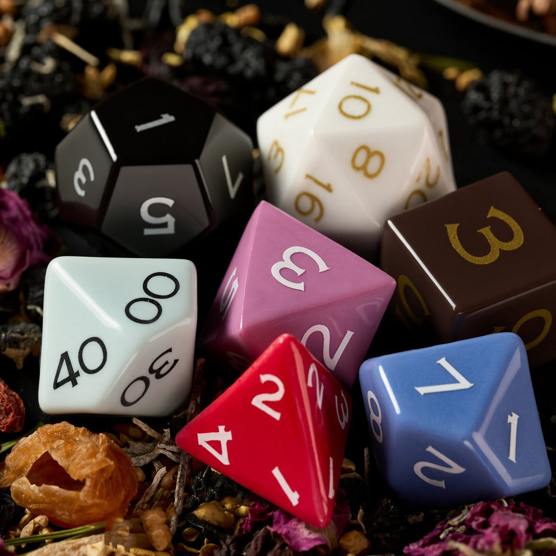 Colorful ceramic dice ready for a tabletop campaign